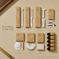 Kit d'articles de toilette portables écologiques en papier kraft pour hôtel : Kit dentaire, crème à raser, savon, gel douche rétro, jetable, personnalisable avec logo OEM