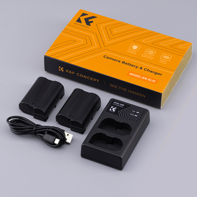 K&F Concept High Capacity Rechargeable EN-EL15 Camera Battery and Charger for Nikon Z6, Z7, D780, D850, Digital Camera Batteries