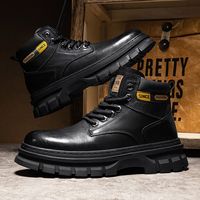 Bottes de travail montantes noires en cuir pour hommes, à enfiler, avec embout de protection, semelle extérieure en caoutchouc antidérapante, semelle intermédiaire en EVA et doublure en cuir véritable