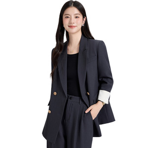 Women's Burgundy Double-Breasted Blazer With White Cuff Contrast Peak Lapel Casual Suit Jacket - Product Image 5