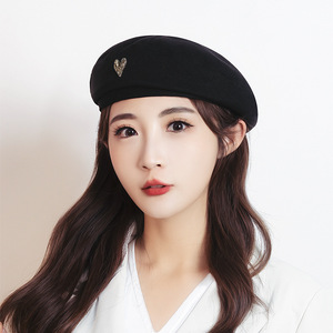 Heart Shape Beret For Women Black Woolen Warm Autumn Winter Hat Spring Fall Fashion Female - Product Image 1