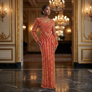 Robe de soirée longue moderne en satin rouge or ornée de perles - Product Image 4