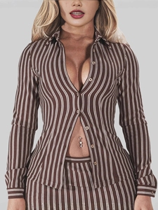 Ghh10923-2025 thời trang mới tương phản sọc dài tay ve áo hip ôm váy ngắn hai mảnh - Product Image 3