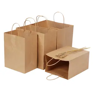 Ready Bulk 100% Biodegradable Coffee Restaurant Takeaway Packaging Kraft Brown Paper Bag With Handle