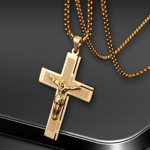 KOMI Collier croix en acier inoxydable pour hommes, couleur argent or, crucifix de prière des seigneurs, pendentif croix, bijoux chrétiens pour hommes - Product Image 3
