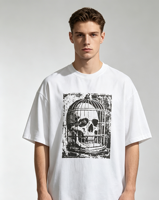 T-shirt homme personnalisé Kornit Digital Print 100% Coton Coupe Ample Grammage Lourd Effet Vintage Délavé et Vieilli Motif Crâne Gothique Cage à Oiseaux Effet Soleil Décoloré