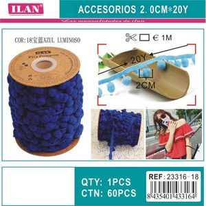 Passamaneria Ilan Pom Pom Larga 2.0 Cm, 20 Iarde Blu per Decorazione Orlo Gonna - Product Image 3