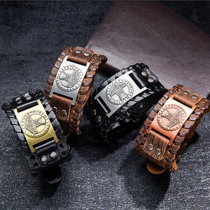 Punk <span class=keywords><strong>nordique</strong></span> <span class=keywords><strong>mythologie</strong></span> tissé large en cuir véritable Viking <span class=keywords><strong>Odin</strong></span> Totem Thor marteau Runes boussole manchette Bracelets hommes - Product Image 2