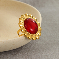 Ensemble de bijoux classiques en acier inoxydable or 18 carats, agate rouge noire vintage, contour de fleur, grosses boucles d'oreilles et bague