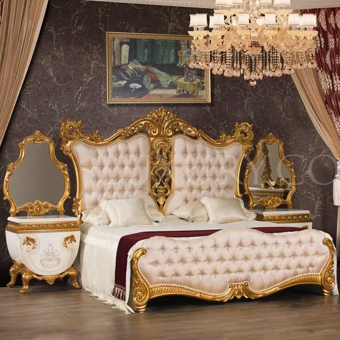 Elegante Set di mobili per camera da letto intagliati in legno bianco in stile vittoriano letto King Size con testiera rivestita in pelle