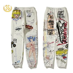 Штаны спортивные с граффити на заказ, тяжелые брюки из 100% хлопка, с принтом во французском махровом стиле, свободные спортивные штаны с рисунком аниме