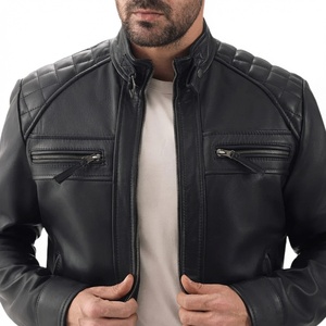 Blouson Moto Homme Noir en Cuir Véritable Respirant Col Montant Fermeture Boutons Cachés Coupe Slim Style Motard Automne - Product Image 4