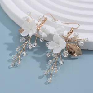 Ceramic Flower Headpiece Earrings Wedding Jewelry Sets Handmade KC Gold Pearl Decoration Jewelry Sets