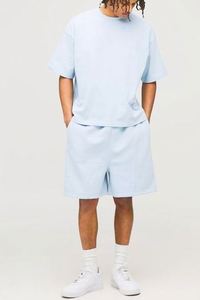 Light Blue Oversized Boxy T-Shirt & Drop Crotch Shorts Set Blank Summer Wear Unisex Sets Tracksuit - Product Image 1