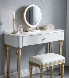 Luxury Gold Leg Dressing <b>Table</b> Set, White Solid Wood Makeup Vanity with LED Round <b>Mirror</b> & Stool for Bedroom Furniture Vanity Ta - Product Image 6