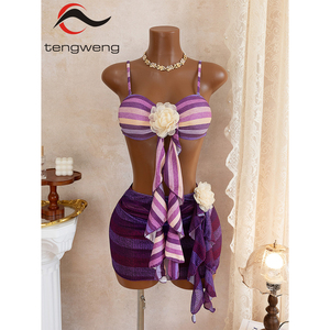 Conjunto de Bikini de Tres Piezas con Tirantes Cruzados y Espalda Descubierta para Mujer, Modelo TW 2026, con Vestido de Baño y Estampado Floral 3D - Product Image 1