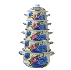 Ensemble de 5 pièces populaire en émail, comprenant une casserole ronde avec couvercle et un faitout de cuisson à motif floral, vente en gros Chine - Product Image 4