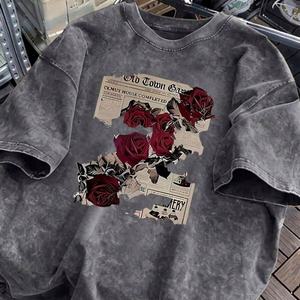 T-shirt Streetwear Oversize à Épaules Tombantes, Effet Délavé à l'Acide, avec Imprimé Vintage Rose Rouge et <span class=keywords><strong>Journal</strong></span> Ancien de <span class=keywords><strong>la</strong></span> Ville - Product Image 2