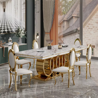 Ensemble de table longue en acier inoxydable doré 8 places avec plateau en marbre, table à manger et chaises, table à manger moderne pour villa