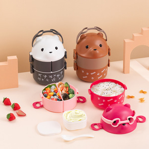 Boîte à lunch portable double couche en forme d'ours, compartimentée et à plusieurs niveaux, grande capacité avec cuillère pour étudiants - Product Image 1
