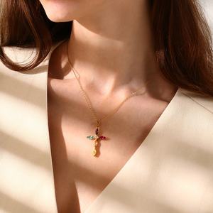 Dingran Dainty <b>Women</b> Fashion Jewelry Stainless Steel Gold Plated Colorful Zircon <b>Cross</b> Pendant <b>Necklace</b> - Product Image 2