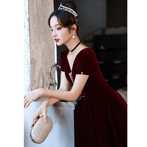 Red Velvet A-Line Wedding Dress V-Neck Natural Waist Claret Color Vintage Style for Brides Engagement Banquet Mother's Day - Product Image 3