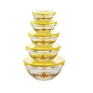 Juego de cuencos de vidrio con impresión decalada, 5 unidades, con tapa de plástico de colores, para ensalada, comida, almuerzo, contenedor de comida, fiambrera para almacenamiento - Product Image 2