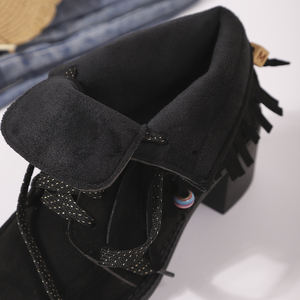 <span class=keywords><strong>Botines</strong></span> negros bohemios chic para mujer con flecos de gamuza sintética cuentas coloridas abalorio de madera con tacón grueso - Product Image 4