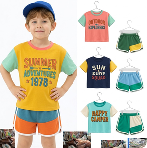 ชุดเสื้อผ้าเด็กผู้ชายและเด็กผู้หญิงสำหรับฤดูร้อน ขายส่ง ชุด 2 ชิ้น เสื้อคอกลมแขนสั้นและกางเกงขาสั้น ลายผสม สำหรับเด็กอายุ 3-6 ปี - Product Image 1