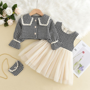 Primavera autunno bambini abito <span class=keywords><strong>in</strong></span> cotone ragazze bambini neonate gilet scozzese abito <span class=keywords><strong>in</strong></span> <span class=keywords><strong>Tulle</strong></span> cappotto retrò con borsa Vintage - Product Image 2