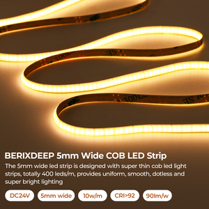 Ruban <span class=keywords><strong>LED</strong></span> COB 400 <span class=keywords><strong>LED</strong></span>/m 5mm de large DC12V 10W/M CRI 92+ Sans points IP20 Dimmable Flexible pour Décoration Intérieure d'Armoires - Product Image 2