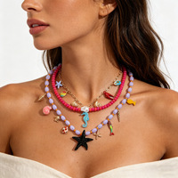 Collar Multicapa Hecho a Mano con Colgante de Conchas Marinas, Langosta y Caballito de Mar de la Serie Océano Natural de Verano, Joyería para Mujer
