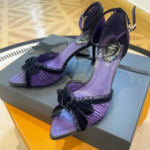 Ultimi <span class=keywords><strong>Sandali</strong></span> Talons Haut Fashion con Fiocco Viola e Nero, Tacco a Rocchetto, Cinturino alla Caviglia, Punta Affusolata e Tacco in <span class=keywords><strong>Raso</strong></span> - Product Image 2