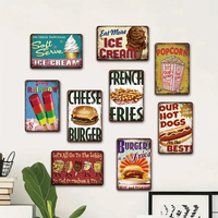 Carteles de hojalata de comida rápida al por mayor, carteles de Metal de hamburguesa de palomitas de maíz Retro Vintage impresos, carteles de Metal de helado para publicidad