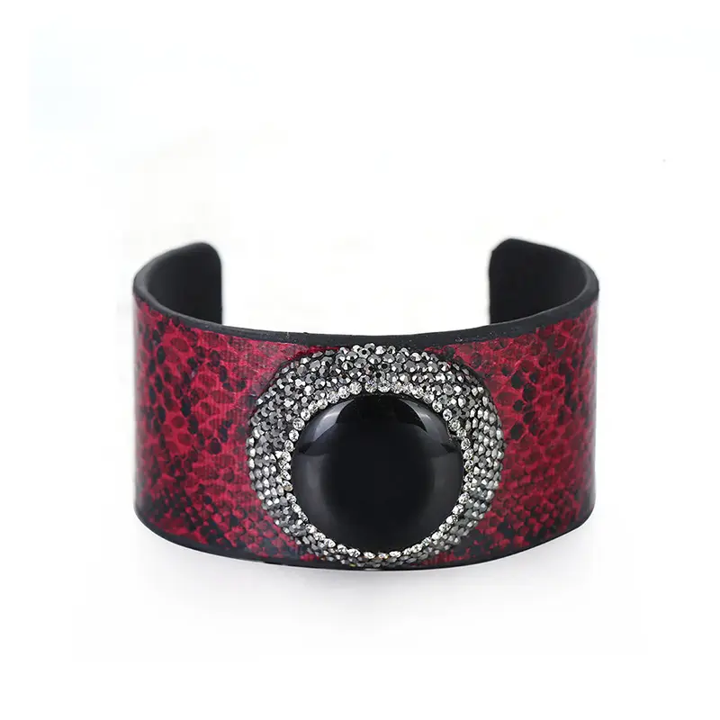 New Vintage Adjustable Natural Stone Snakeskin Wrap Bracelet Wide Rhinestone Shell Pattern Leather Cuff Bangle Wristband