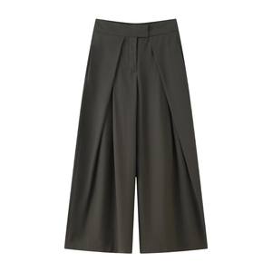 Pantalon Culotte Plissé Taille Haute Femme Coupe Droite Longueur Entière Couleur Unie Style Minimaliste Polyester Vintage Printemps Fermeture Éclair - Product Image 1