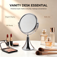 Miroir de table double face avec base trompette en métal chromé argenté, miroir de maquillage rond de bureau, miroir cosmétique, vente en gros