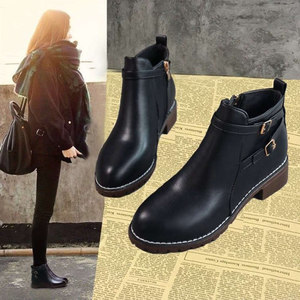 Women's Fashionable 2026 New Comfortable British Style Belt Buckle Chunky Round Toe High Top Leather <b>Boots</b> - Product Image 5