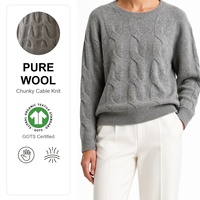 Pull en laine pour femme, tricot torsadé, élégant, gris chiné, col rond, style minimaliste, luxe discret