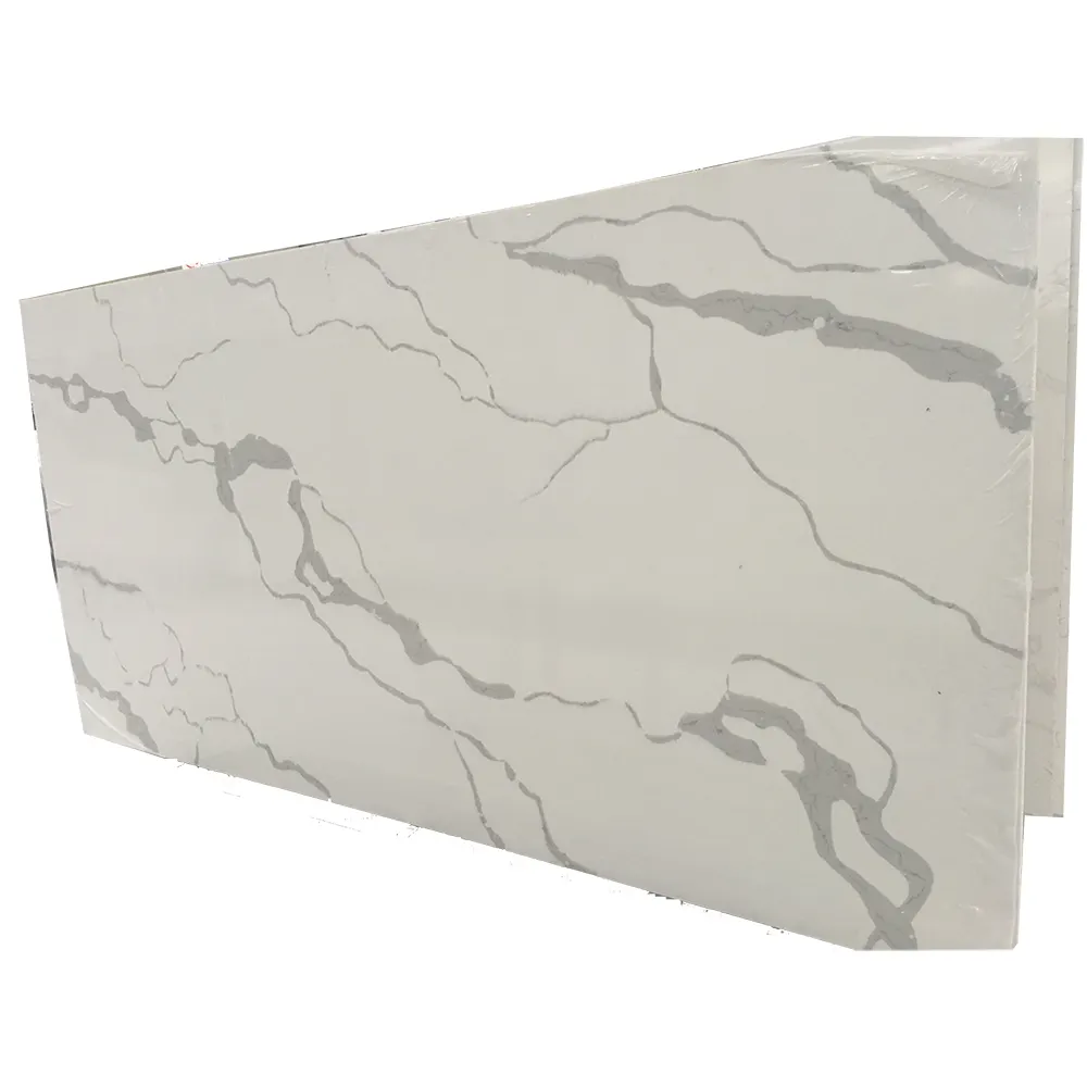 largest size calacatta white quartz stone slab price with grey vein for kitchens