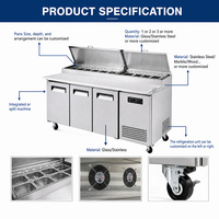 Table de préparation réfrigérée pour pizzas 2400 mm à 3 portes avec rail supérieur réfrigéré pour garnitures et bacs GN pour Foodtruck