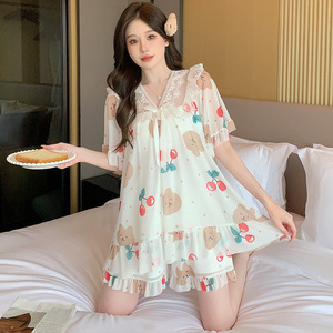 Set Pigiama in Rete con Colletto a Bambola, Completo da Notte a Due Pezzi con Ricami in Pizzo e Volant per Donna - Product Image 3