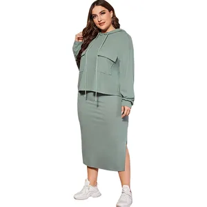 Support OEM Drop Shoulder Women Plus Size Two Piece Set Hoodie Skirt Customized Cheap Price Plus Size 2 Piece Sets