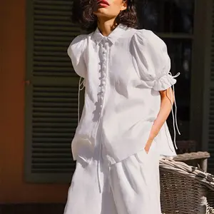 Mandy French white puff sleeve shirt top women loose 2023 spring new retro professional office formal long-sleeved chiffon blouse