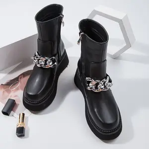 공장 사용자 정의 영국 스타일 모터 부츠 블랙 가죽 두꺼운 고무 단독 플랫폼 신발 플랫 부츠 여성 2022