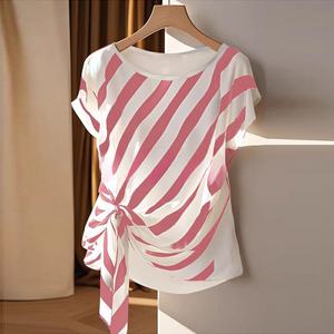 Camiseta <span class=keywords><strong>de</strong></span> Verano para Mujer, Estilo Casual, Elegante, <span class=keywords><strong>de</strong></span> Manga Corta, Cuello Redondo, con Tirantes, Rayas y Cordones - Product Image 2