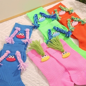 Calcetines de media caña para niña con diseño de boca de cerdo y coleta, estilo <span class=keywords><strong>Ugly</strong></span> Doll, con contraste de colores, para uso exterior, bonitos y divertidos. - Product Image 1