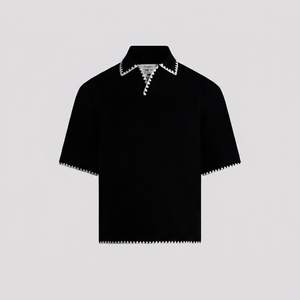 Men's Knit for Shirt Long Sleeve Zipper Regular Fit <b>Collared</b> Casual Black with White Trim Detail - Product Image 1