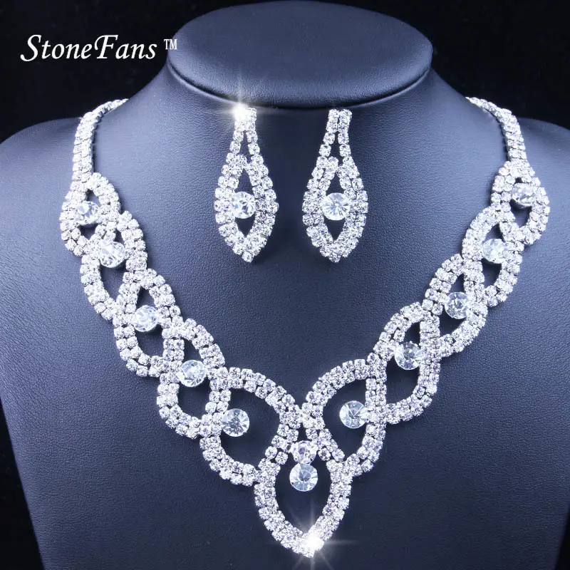 Phụ Nữ Sang Trọng Rhinestone Vòng Cổ Bông Tai Trang Sức Set Wedding Prom Cô Dâu Trang Sức Set