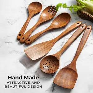 Espátulas de madera de teca natural, cucharones de cocina, utensilios, mango de madera de acacia, cuchara de bambú, utensilios de cocina de madera, juegos de herramientas